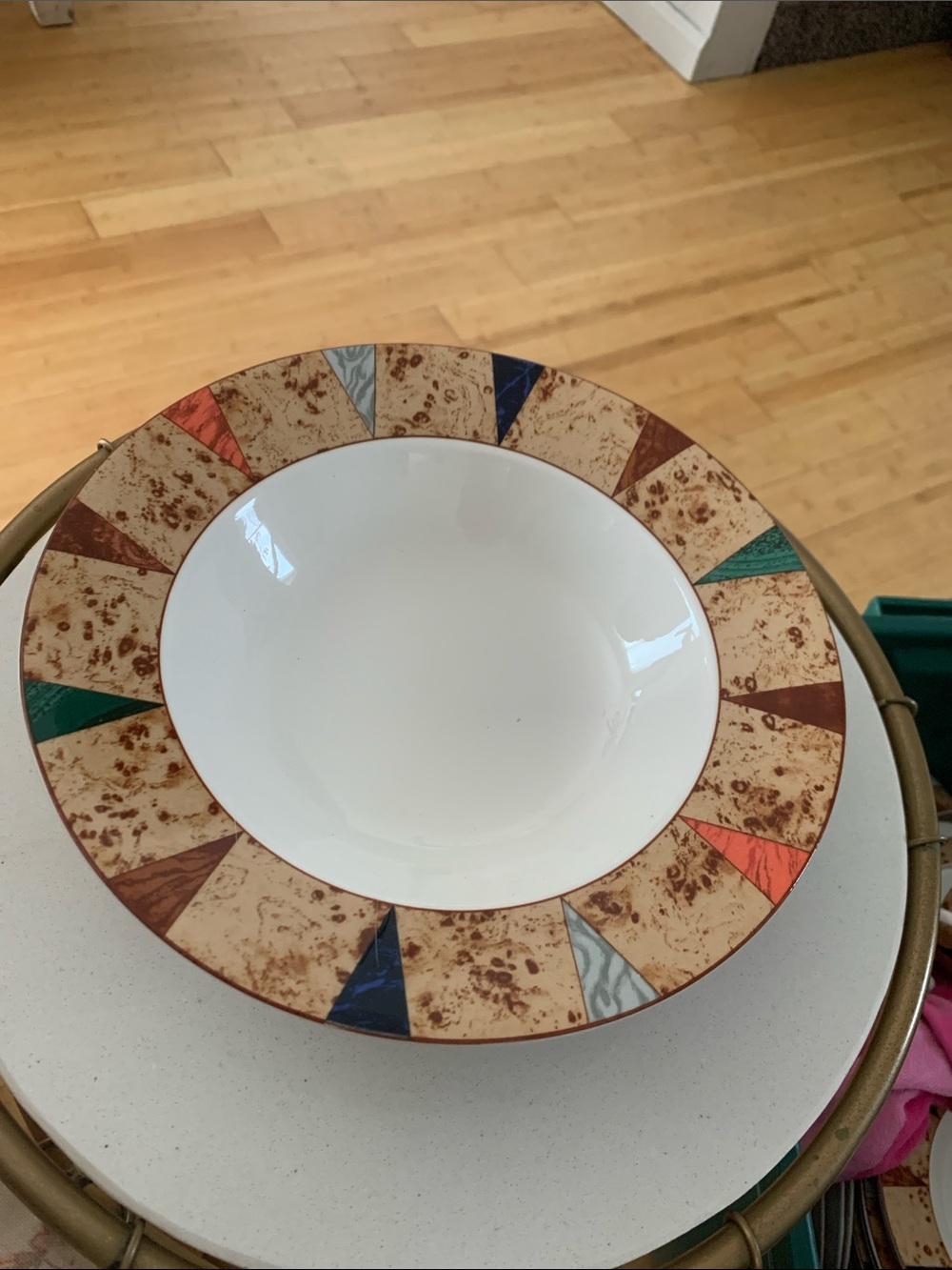 Ceramic Serving Bowl with White Center and Multicolor Geometric Rim
